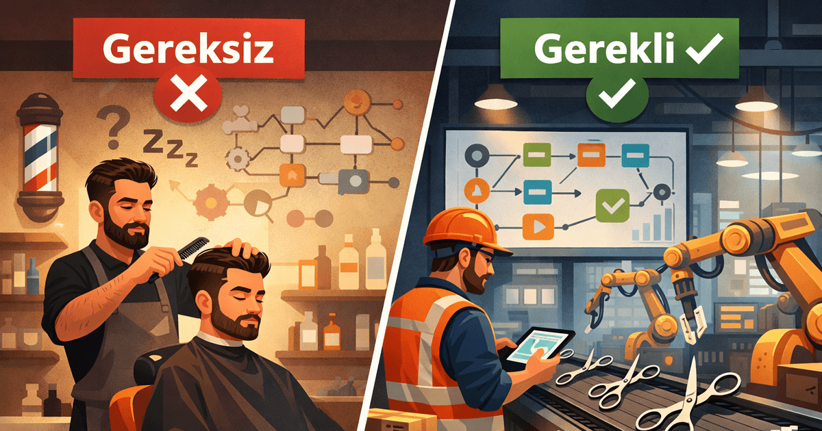 n8n otomasyonunun tekil işler ile süreç üreten işler arasındaki farkını anlatan berber ve makas üreticisi benzetmesi
