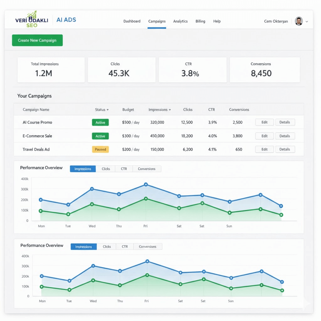 ChatGPT Ads örnek kampanya dashboardu, panelde reklam performansı ve hedefleme ayarları gösteriliyor.