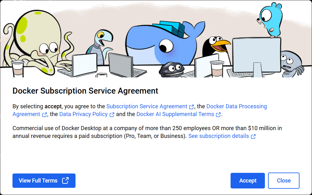 Docker Desktop ilk açılışında çıkan Subscription Service Agreement (kullanım sözleşmesi) ekranı