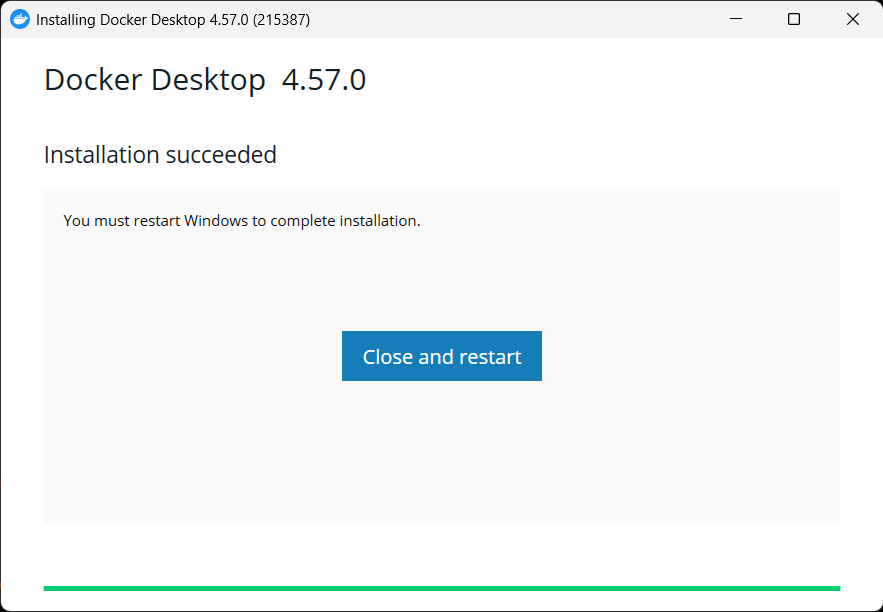 Docker Desktop kurulumunun başarıyla tamamlandığını ve Windows yeniden başlatılması gerektiğini gösteren ekran