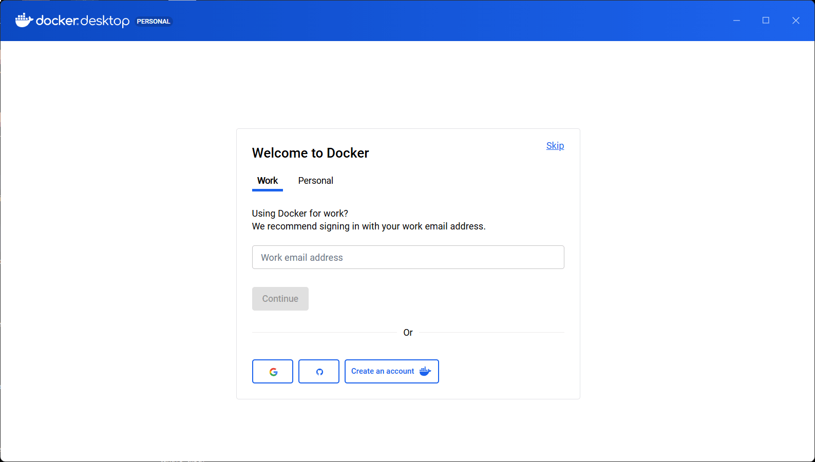 Docker Desktop açılışında çıkan Welcome to Docker giriş yapma veya hesap oluşturma ekranı