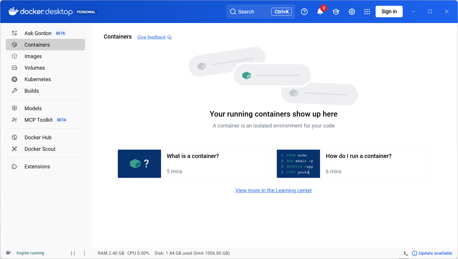 Docker Desktop ana ekranında Engine running durumunu gösteren Containers sayfası