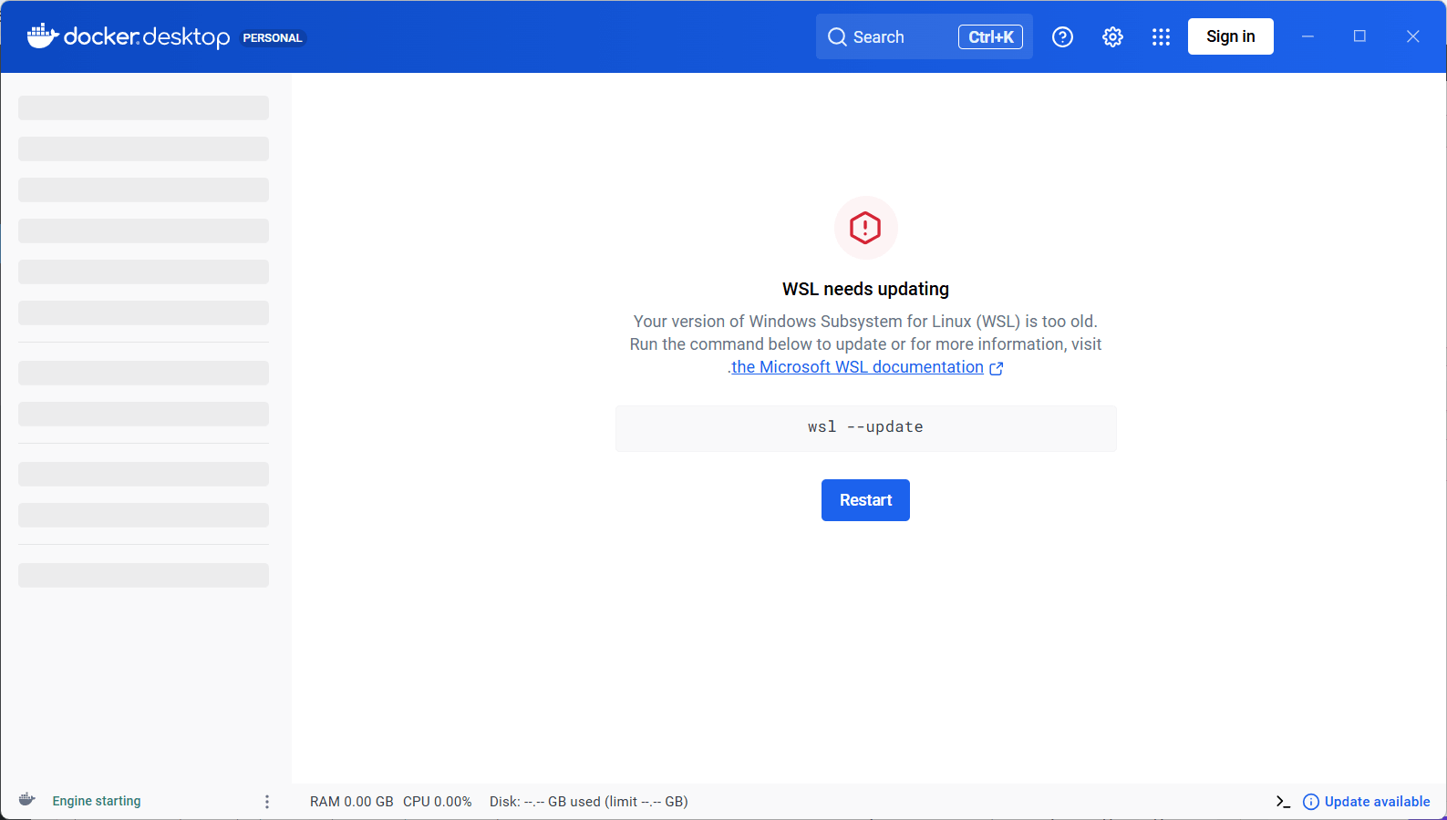 Docker Desktop açılışında WSL needs updating uyarısı ve wsl --update komutunu gösteren ekran