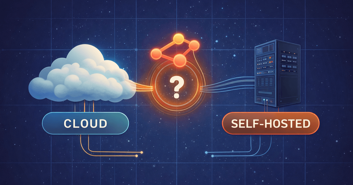 n8n için cloud ve self-hosted seçeneklerini karşılaştıran, iki taraflı karar görseli