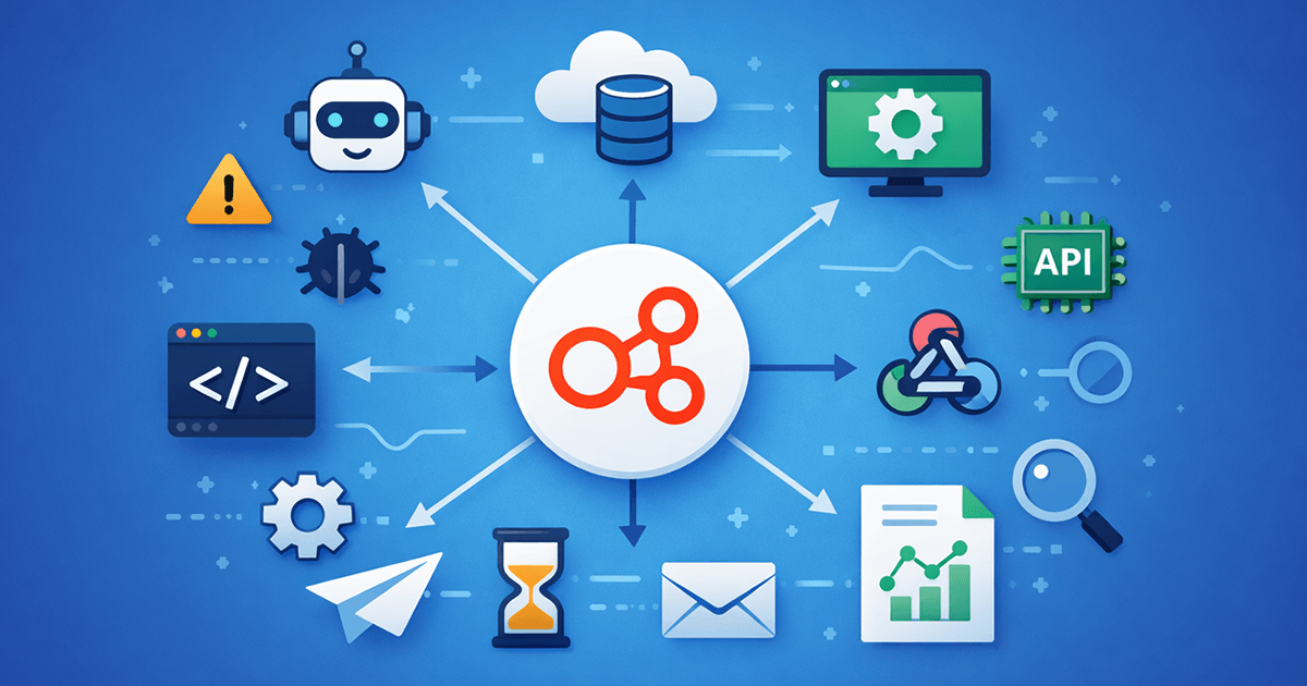 n8n otomasyon iş akışı yapısını ve farklı sistemler arasında veri akışını gösteren ikon tabanlı görsel