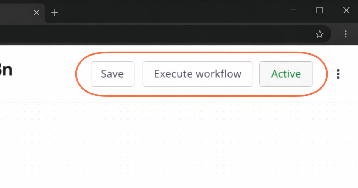 n8n workflow ekranında Save, Execute workflow ve Active butonlarını gösteren üst menü görünümü