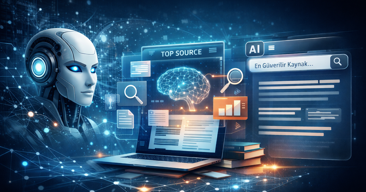 Yapay zekanın web sitelerini analiz ederek güvenilir kaynakları seçmesini gösteren SEO odaklı görsel