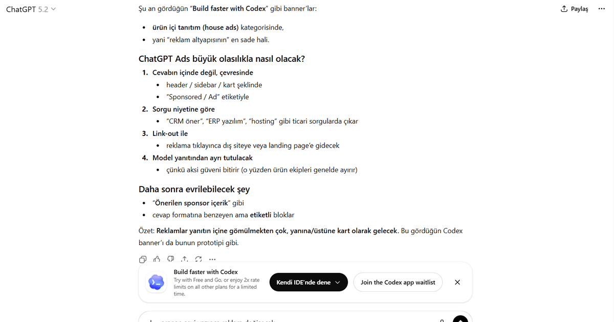 ChatGPT Ads reklamları nasıl gözükecek: Build faster with Codex banner örneği