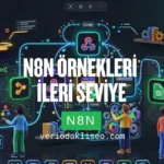 Koyu arka planda, karmaşık n8n ileri seviye iş akışlarını temsil eden; Python/JavaScript kod düğümleri, özel API entegrasyonları, mikro hizmet mimarisi ve gelişmiş hata toleransı süreçlerini gösteren 3D teknolojik şema.