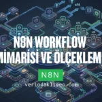 Koyu arka plan üzerinde n8n iş akışı mimarisi ve ölçeklenebilirliğini temsil eden; merkezi bir çekirdekten dağılan çoklu sunucu kümeleri, paralel veri işleme hatları ve mikro hizmet bağlantılarını içeren kompleks 3D diyagram.